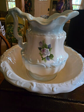 Vintage Mary Ceramic Pitcher & Wash Basin Set White Floral Roses Victorian Style